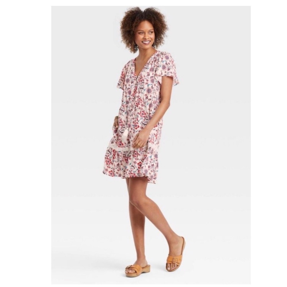 Women's Knox Rose Floral Print Tiered Mini Dress Tassel Detail V-Neck Size XXL